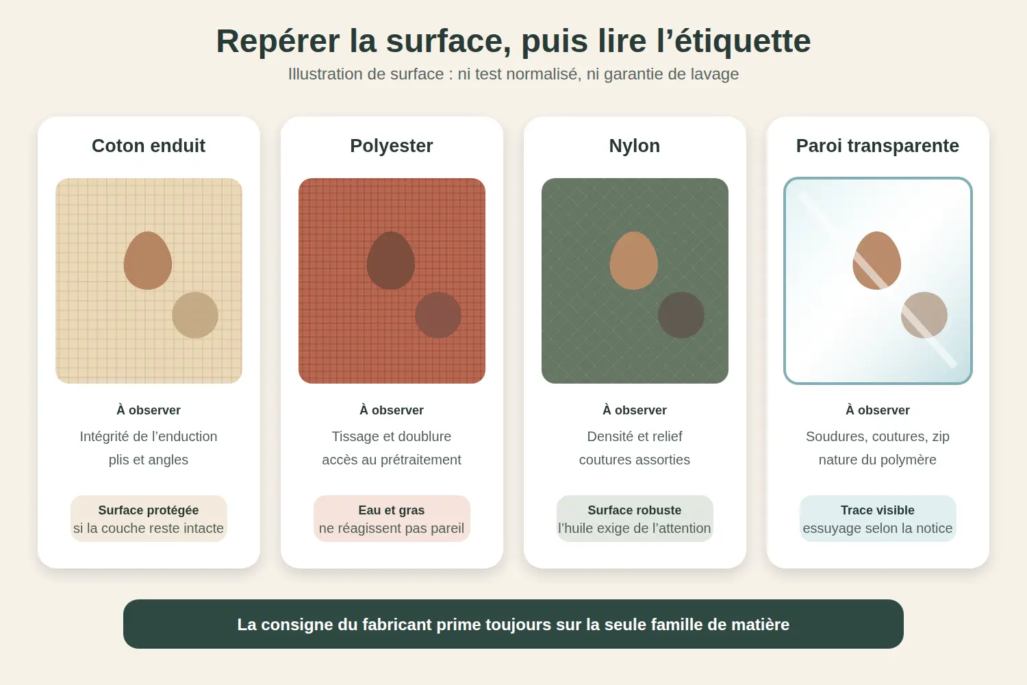 Comparaison du coton enduit, du polyester, du nylon et d'un matériau transparent face à une goutte de fond de teint et à de la poudre