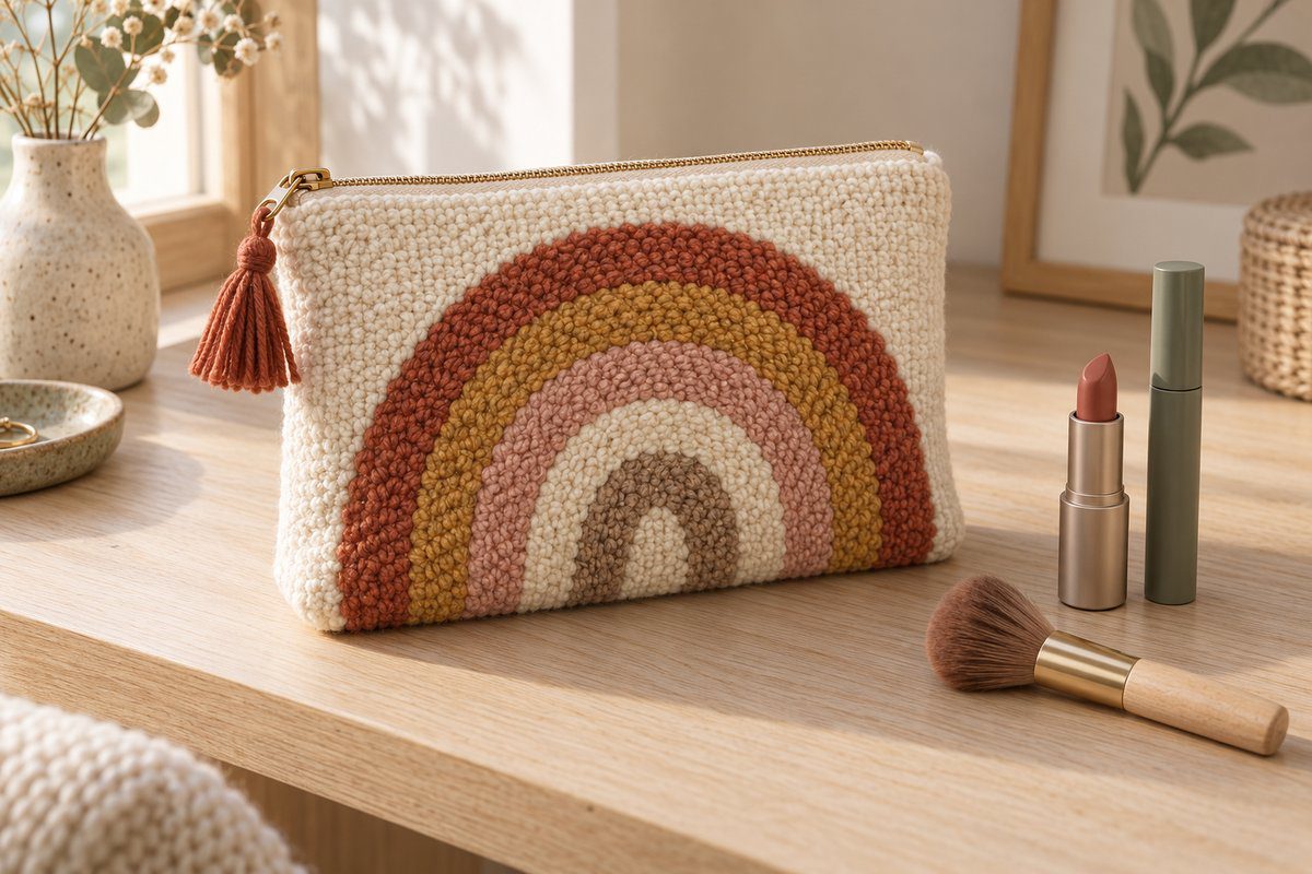 Pochette beauté zippée brodée au punch needle avec un motif arc-en-ciel en laine