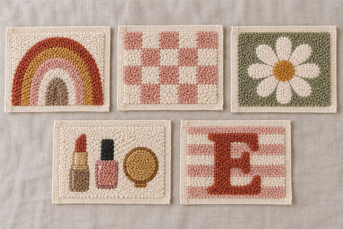 Cinq panneaux punch needle : arc-en-ciel, damier, marguerite, rouge à lèvres et initiale
