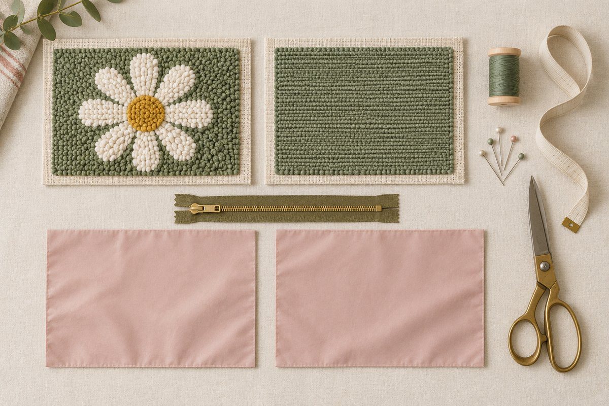 Panneaux punch needle, doublure enduite et fermeture éclair prêts pour le montage d'une pochette